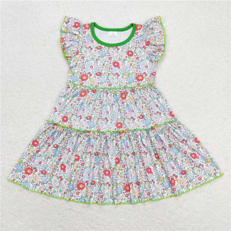GSD0948 Flower floral green flying sleeve dress