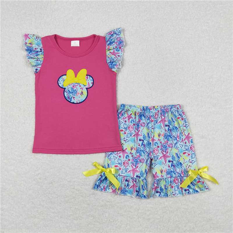 GSSO0629 Embroidered bow Mickey rose red flying sleeve starfish shorts set