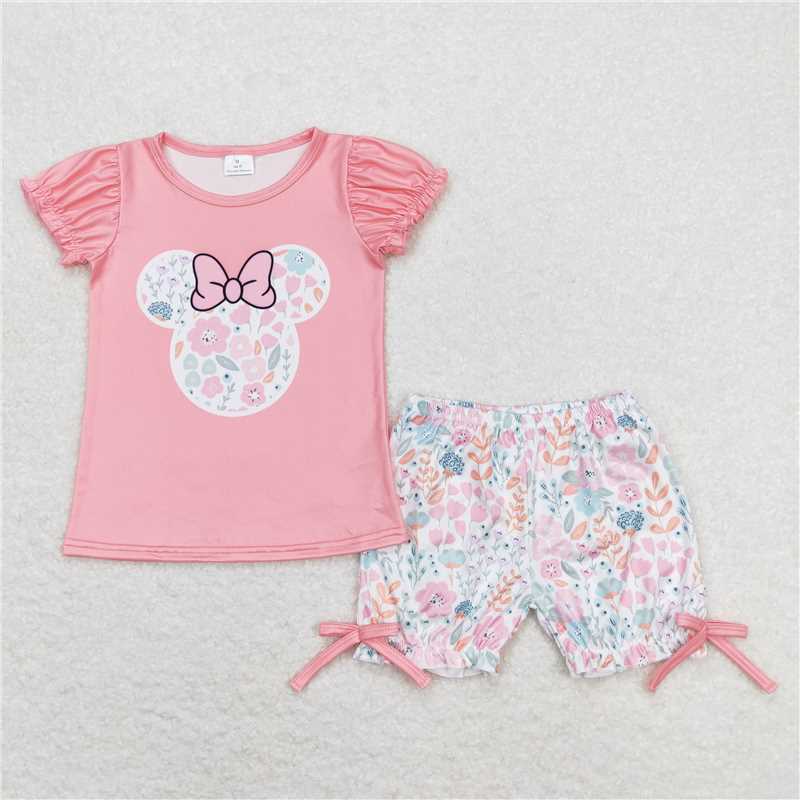 GSSO0699 Mickey flower pink short-sleeved shorts set