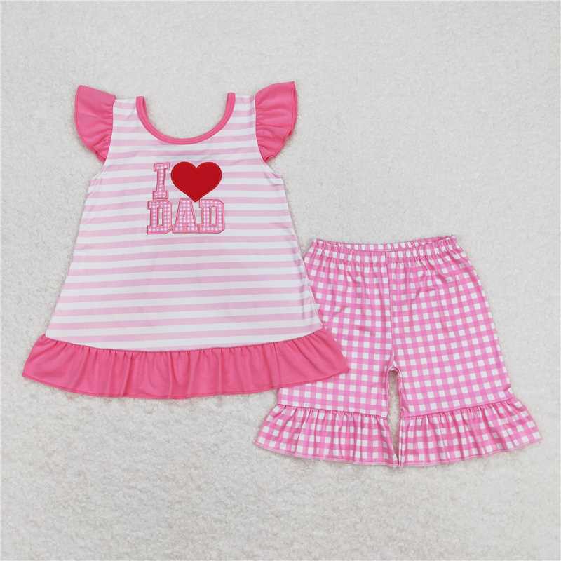 GSSO0563 I love dad embroidered heart striped bow pink and white plaid shorts set
