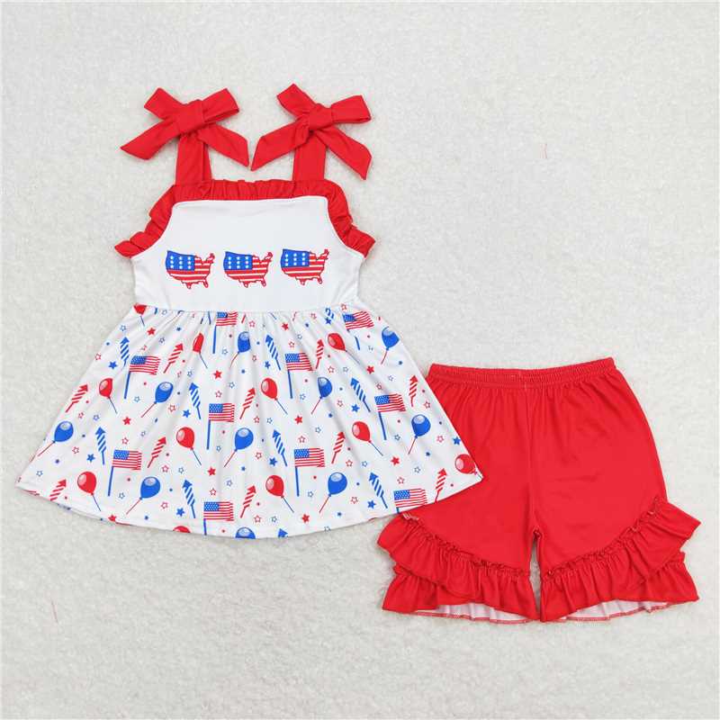 GSSO0679 American flag red lace balloon star fireworks white suspender shorts set