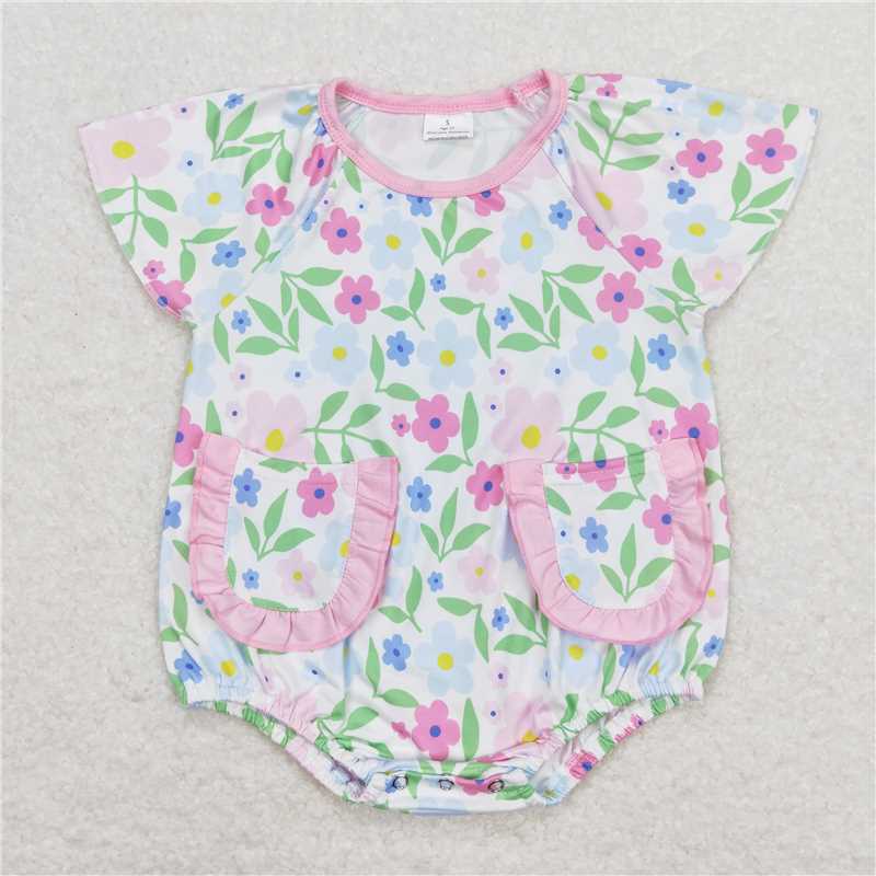 SR1129 Baby Infant Girls Pink Flowers Flutter Sleeve Rompers