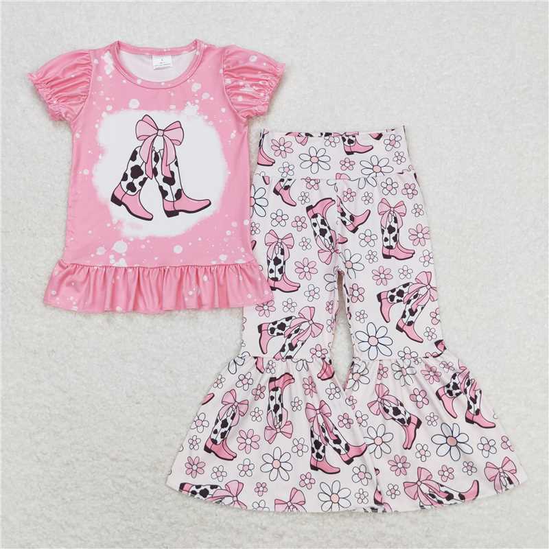 GSPO1443 Bowknot boots pink short-sleeved floral trousers suit