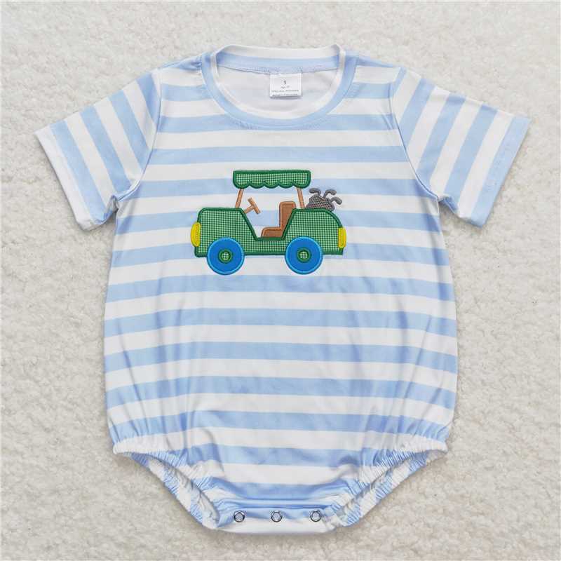 SR0795 Baby Infant Boys Blue Stripes Golf Truck Rompers