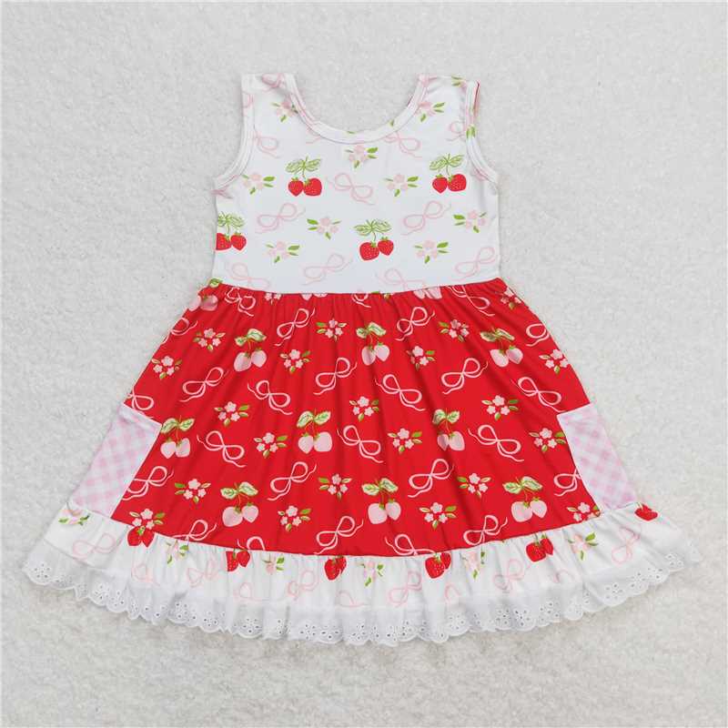 GSD0889 Red and white sleeveless dress with bow and strawberry lace