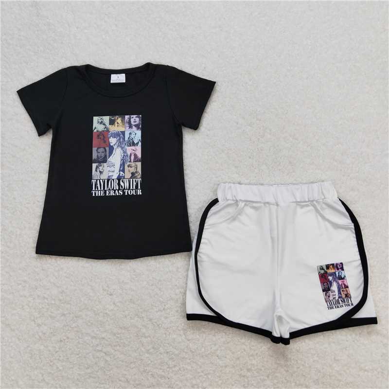 GSSO0885 Offset Taylor Swift black short-sleeve white shorts set