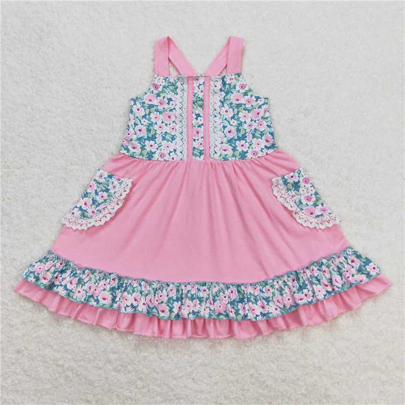 GSD0807 Baby Girls Pink Floral Pockets Knee Length Dresses
