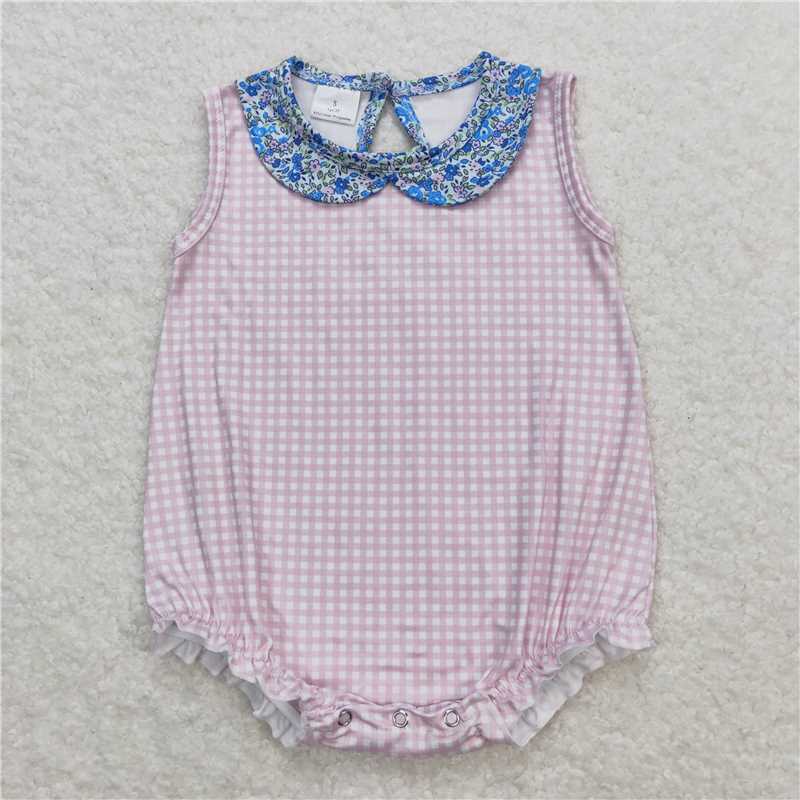 SR1087 Baby Girls Pink Checkered Collar Sibling Sister Rompers Clothes Sets