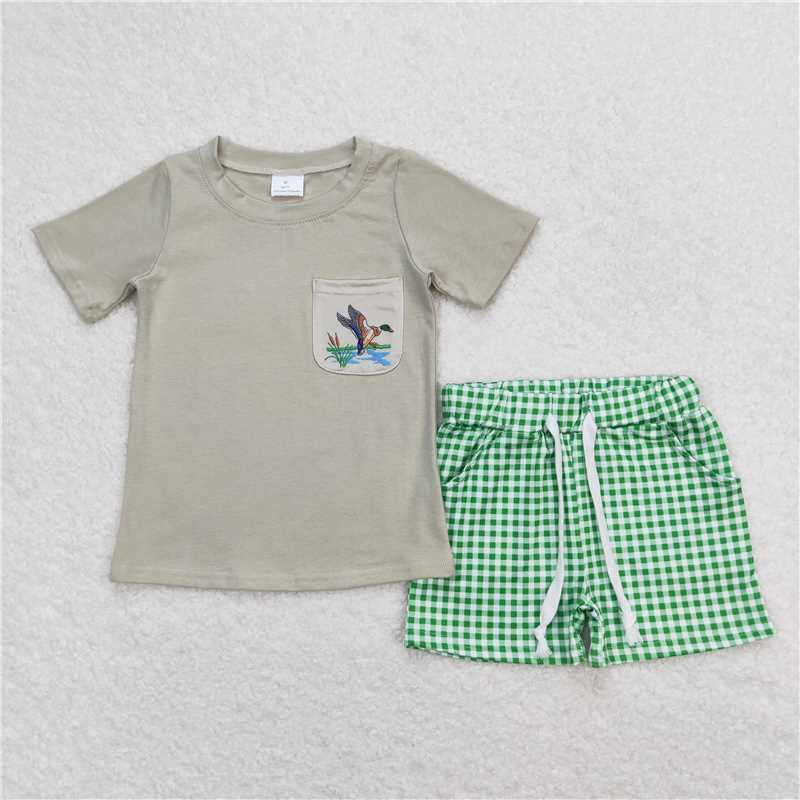 BSSO0734 RTS NO MOQ Baby Boys Summer Boys Outfits Baby Boys Ducks Green Shirt Checkered Shorts Clothes Sets
