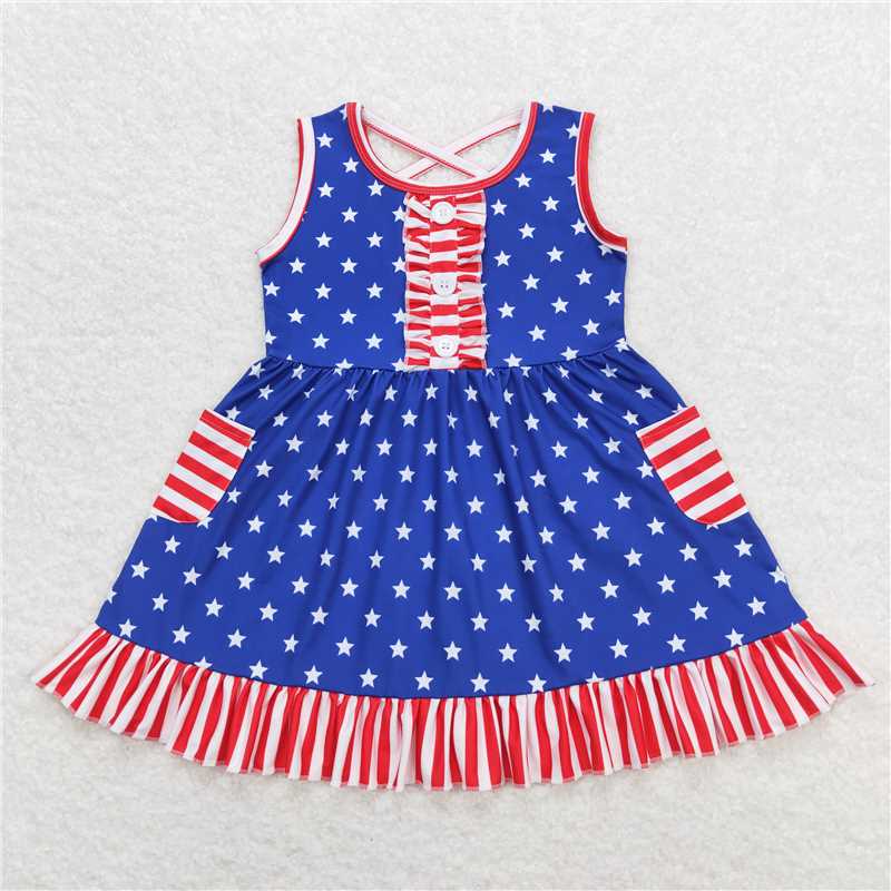 GSD0976 Sleeveless stripe stars pockets girls 4th of july dresses