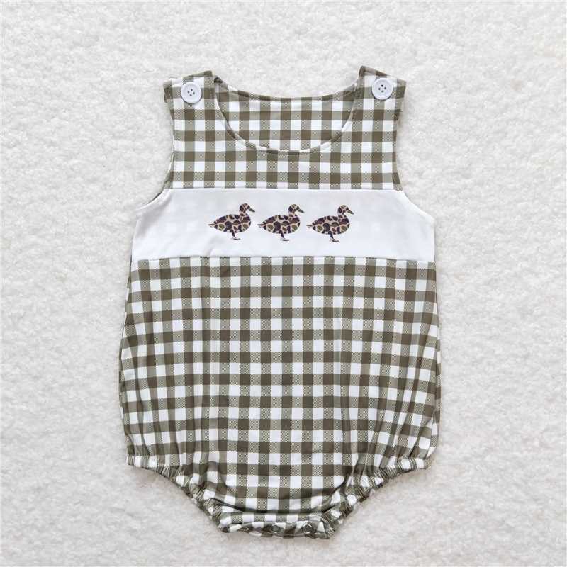 SR1169Sleeveless olive plaid duck baby boys summer romper