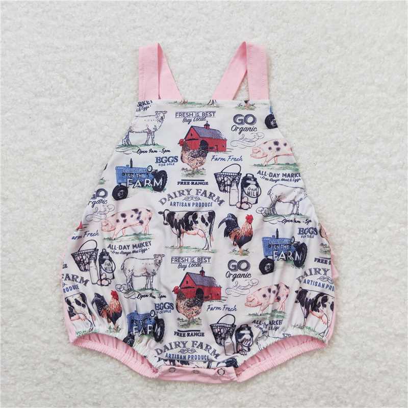 SR0911 Baby Girls Pink Farm Ruffle Straps Rompers
