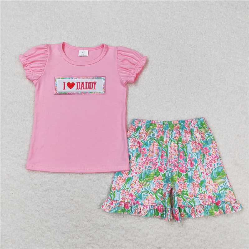 GSSO0658 I love daddy embroidered letters pink short-sleeved floral shorts suit