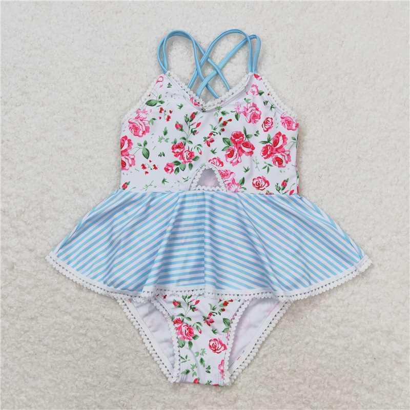 S0248 Baby Girls White Pink Flowers Ruffle One Piece Swimsuits