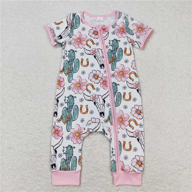 SR1109 Baby Infant Girls Cow Western Cactus Flowers Zip Rompers