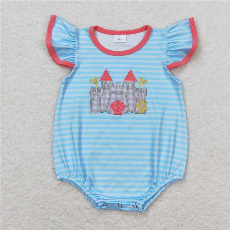 SR1317 RTS NO MOQ Baby Girls Baby Girls Summer Rompers Castle Embroidery Beach Sibling Clothes Sets
