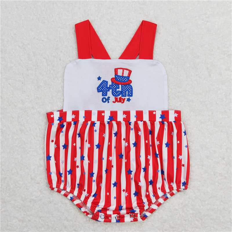 SR0810 Embroidery Baby Infant Boys Stars 4th Of July Straps Stripes Rompers