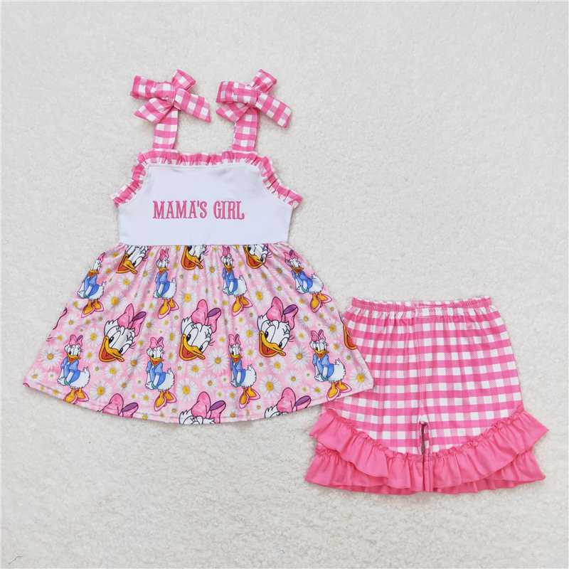 GSSO0820 mama's girl embroidered letters, flowers, Donald Duck, rose red plaid lace suspender shorts suit