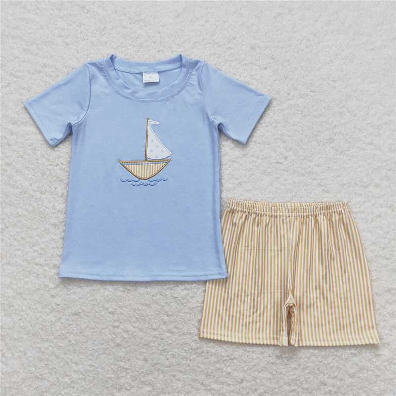 BSSO0602 RTS NO MOQ Baby Boys Summer Boys Outfits Baby Boys Sailboat Blue Short Sleeve Shirt Shorts Clothes Sets