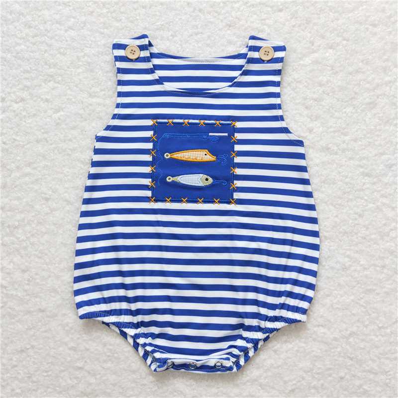 SR1074 Baby Infant Boys Stripes Fishing Hooks Rompers