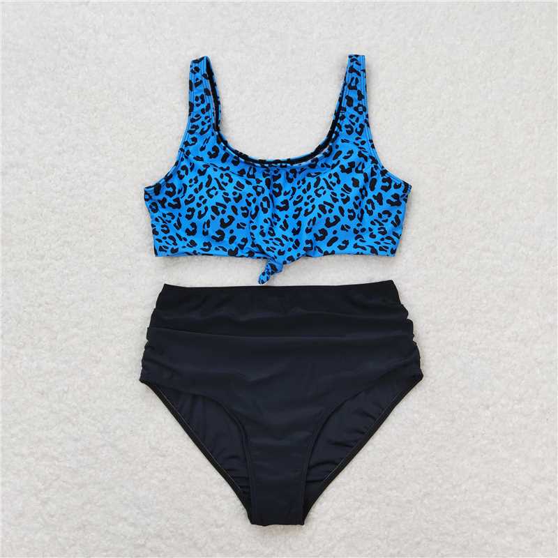 S0290 Adult Women Green Leopard Top Bottom Swimsuits Sets
