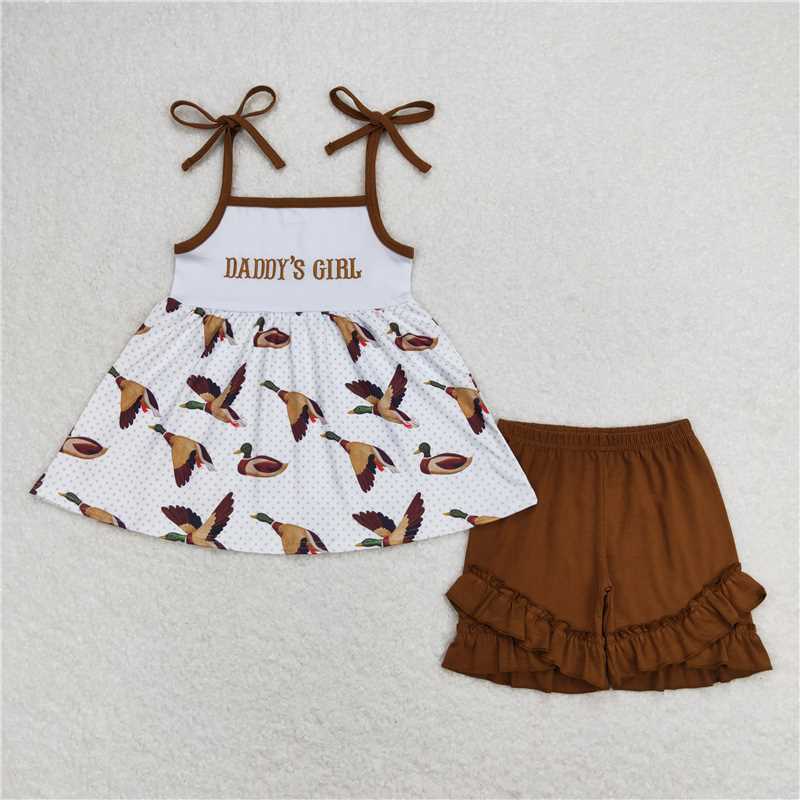 GSSO0807RTS NO MOQ Baby Girls Summer Outfits Daddy's girl embroidered letter duck suspenders brown shorts suit