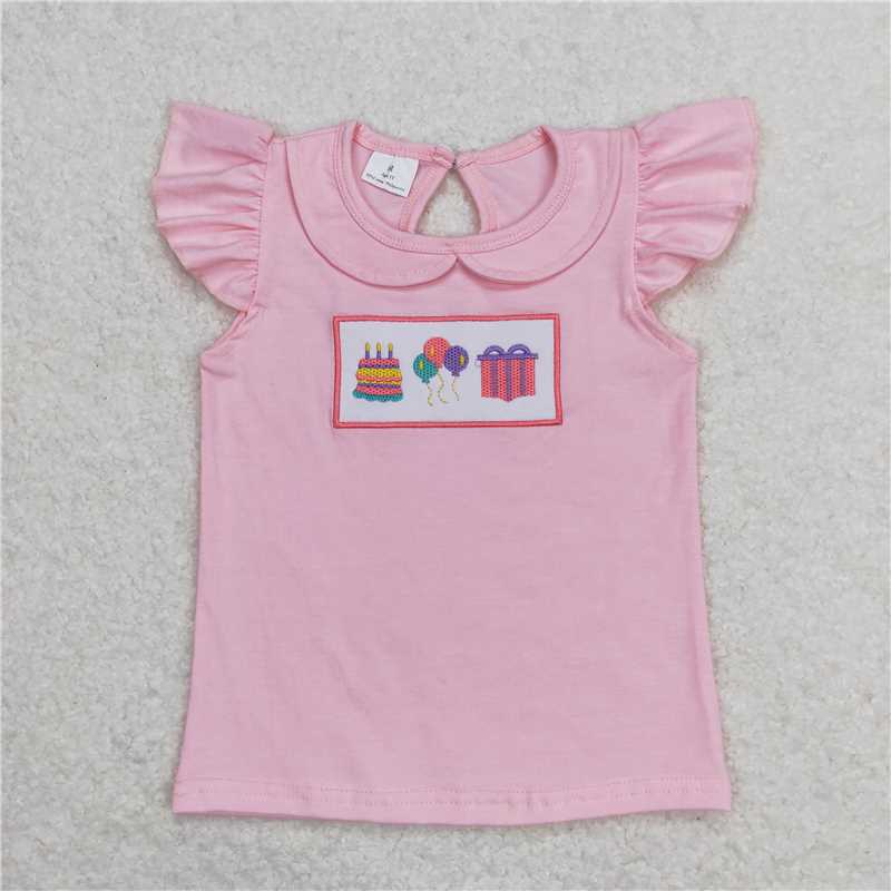 GT0501 Baby Girls Happy Birthday Embroidery Pink T-shirt