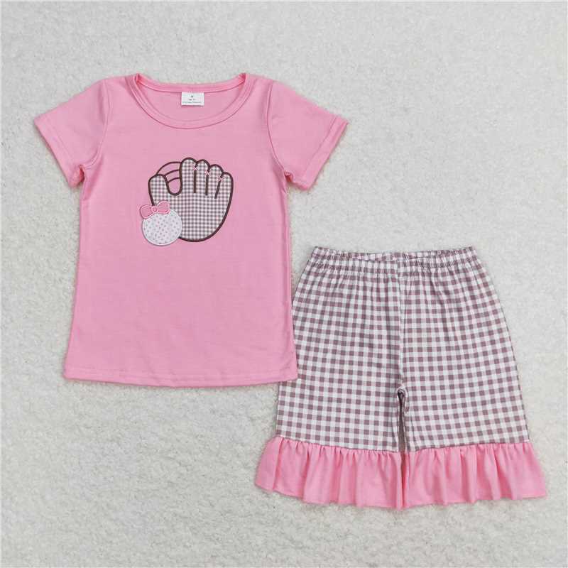 GSSO0828 Embroidered baseball glove pink short-sleeved plaid shorts set