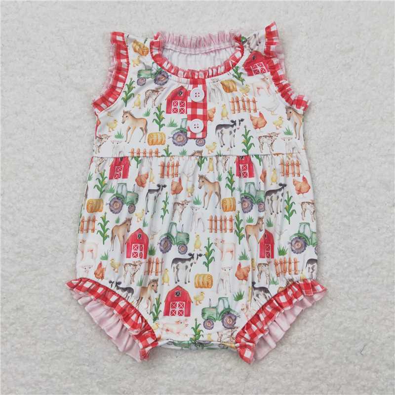 SR1294 Baby Girls Red Farm Summer Sleeveless Rompers