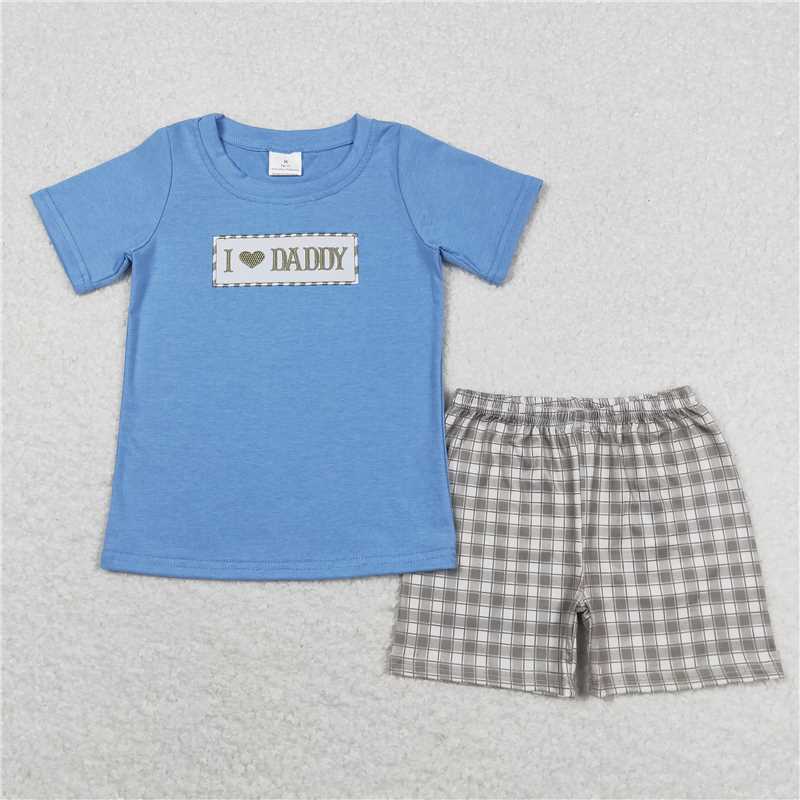 BSSO0640 Baby Boys Blue I Love Daddy Shirt Checkered Shorts Clothes Sets