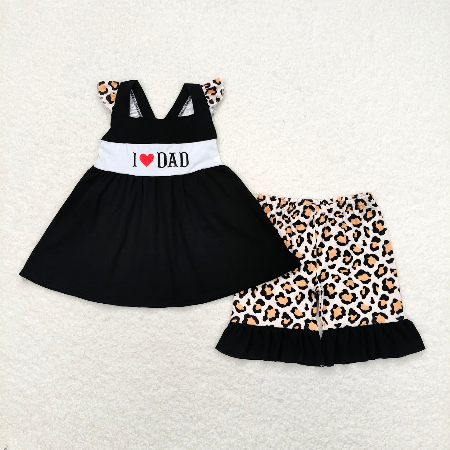GSSO0702 Black leopard print flying sleeve shorts set with embroidered "I love dad" letters
