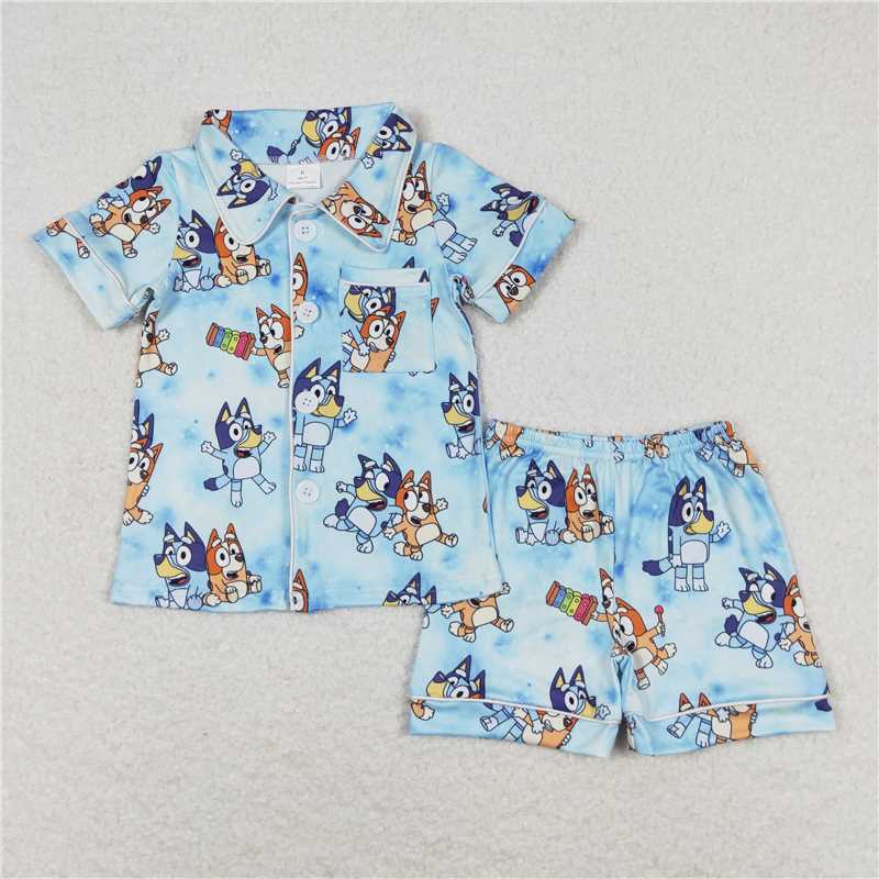 BSSO0817 Baby Girls Boys Dogs Blue Buttons Shirt Shorts Pajamas Clothes Sets