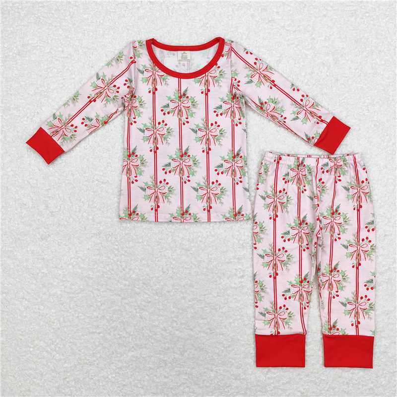 GLP1476Red long sleeves pink bow girls bamboo Christmas pajamas