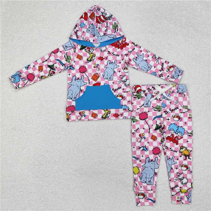 GLP1932 Baby Girls Reading Teacher Hooded Tops Pants Clothes Sets
