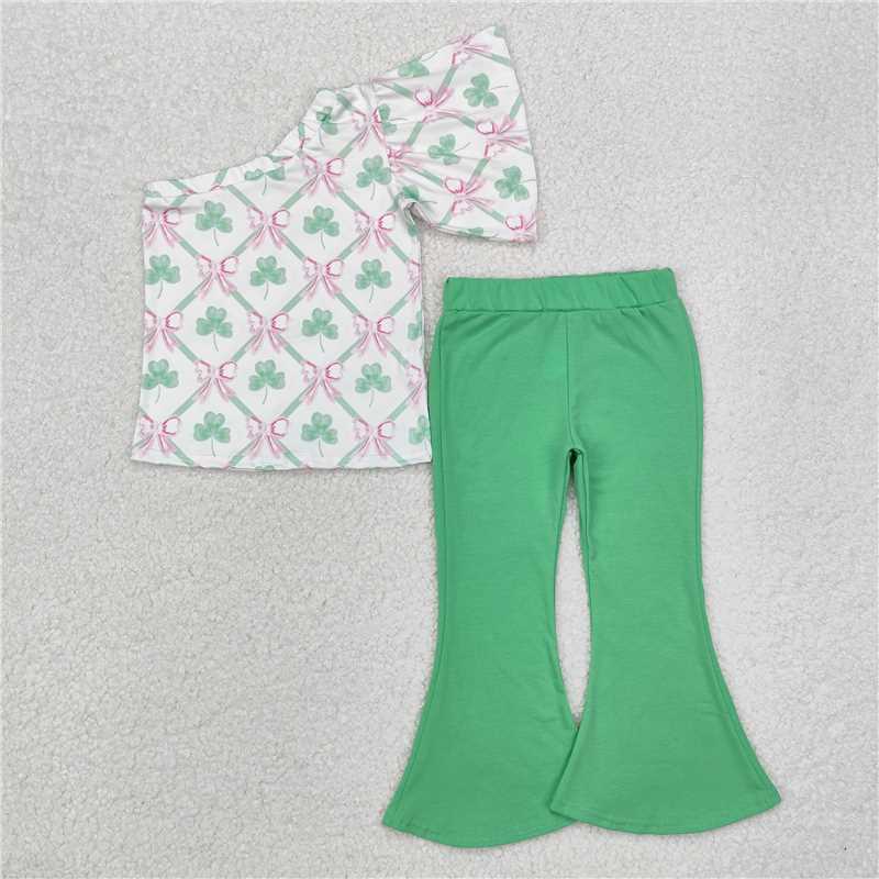 12.20 RTS NO MOQ (In stock)GSPO1793 Baby Girls St Patrick Quatrefoil Bows One Shoulder Top Bell Pants Clothes Sets
