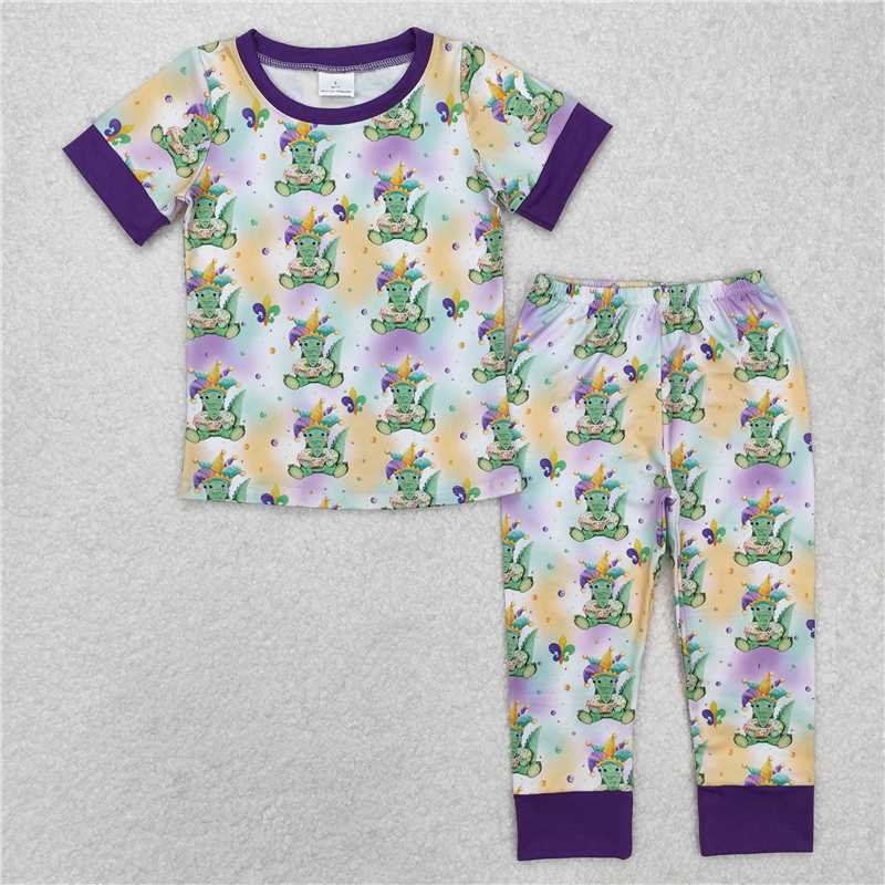12.19 RTS NO MOQ (In stock)BSPO0547 Baby Boys Mardi Gras Crocodile Shirt Pants Pajamas Clothes Sets