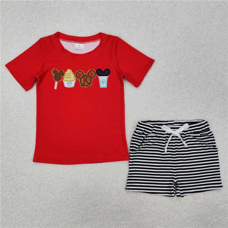 12.30 RTS NO MOQ (In stock)Matching BSSO1110 Baby Boys Red Cartoon Snacks Tee Shirt Shorts Clothes Sets