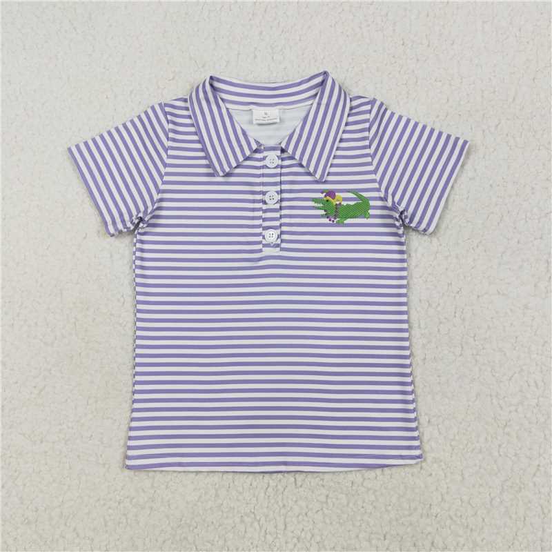 12.19 RTS NO MOQ (In stock)BT1092 Baby Boys Mardi Gras Stripes Crocodile Short Sleeve Tee Pullovers Tops