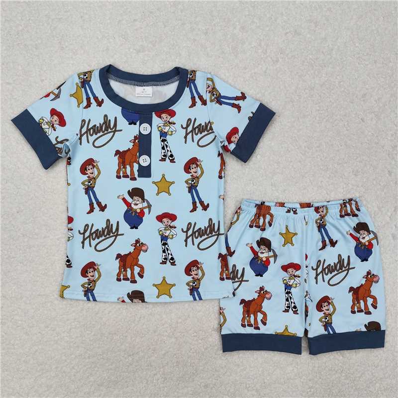12.26 RTS NO MOQ (In stock)Matching BSSO1214 Baby Boys Howdy Toy Blue Shirts Shorts Pajamas Clothes Sets