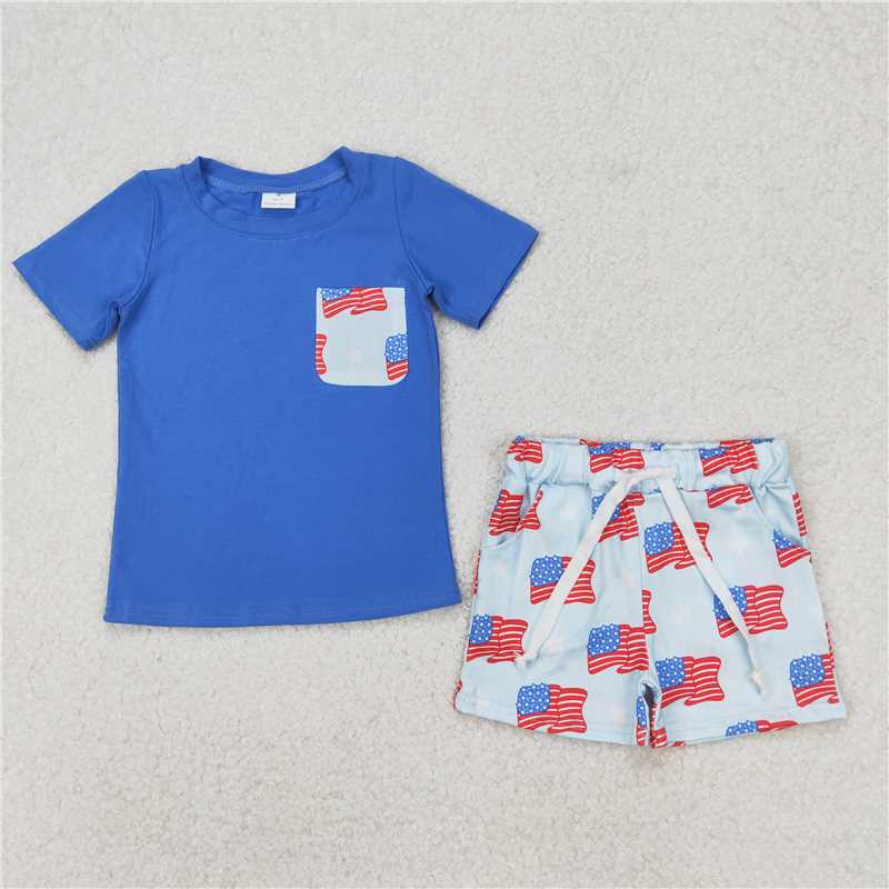 1.7 RTS NO MOQ (In stock)BSSO1258 4th of July Baby Boys 4th of July Flags Pocket Shirts Shorts Clothes Sets