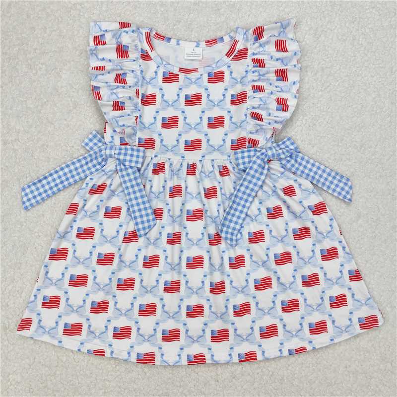 1.5 RTS NO MOQ (In stock)GSD1641 4th of July Baby Girls Blue Bows Flag Knee Length Dresses
