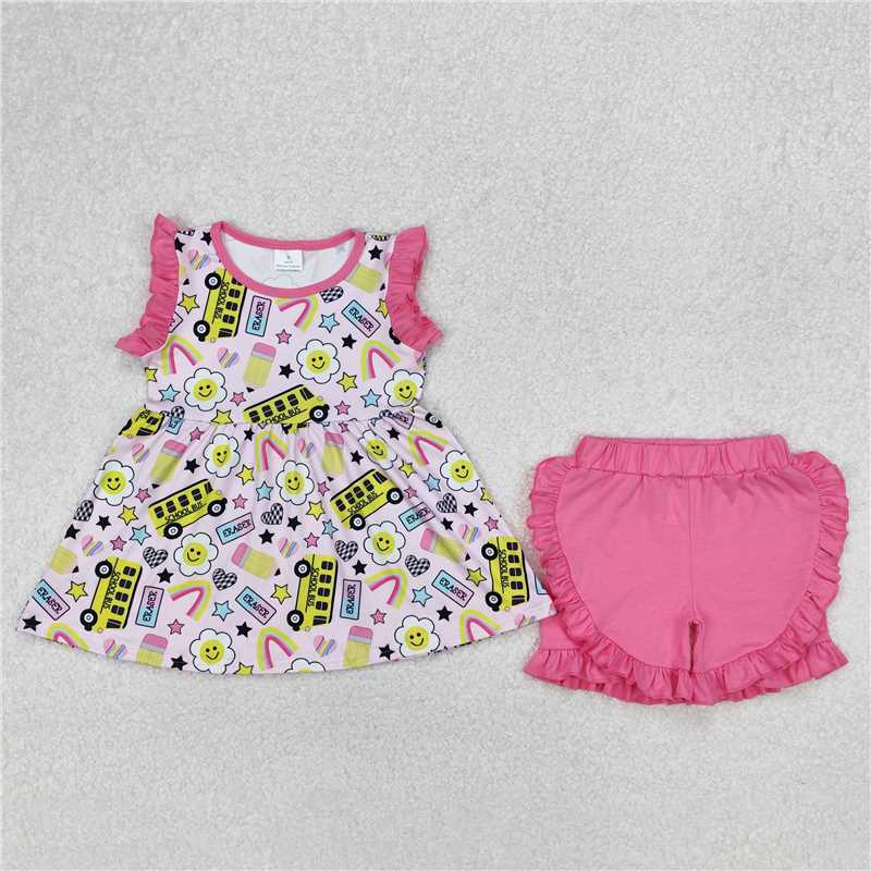 12.29 RTS NO MOQ (In stock)GSSO1912 Baby Girls Bus Back To School Tunic Ruffle Shorts Clothes Sets