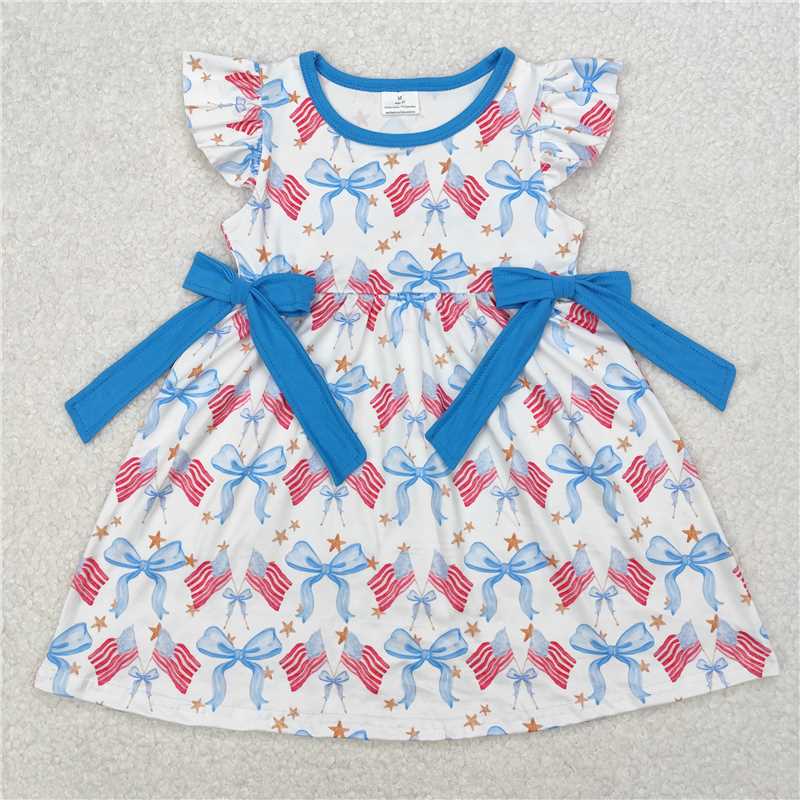 1.5 RTS NO MOQ (In stock)GSD1825 4th of July Baby Girls 4th Of July Bows Flags Flutter Sleeve Knee Length Dresses