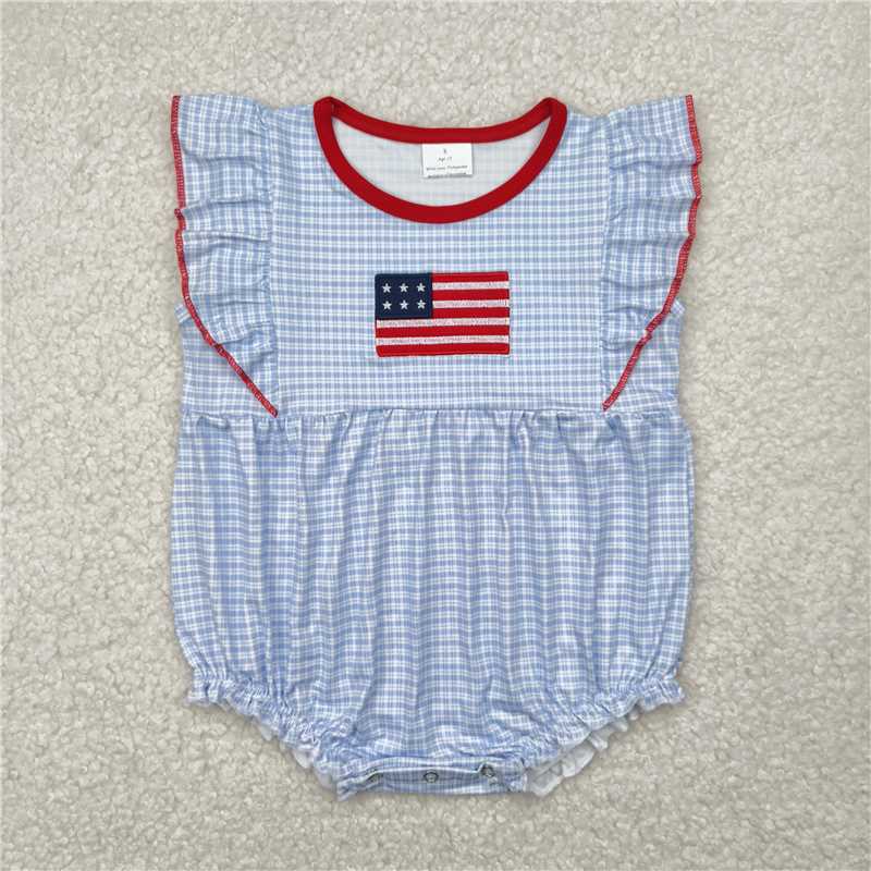 1.5 RTS NO MOQ (In stock)SR2817 4th of July Embroidery Baby Infant Girls Blue Checkered Flag Rompers