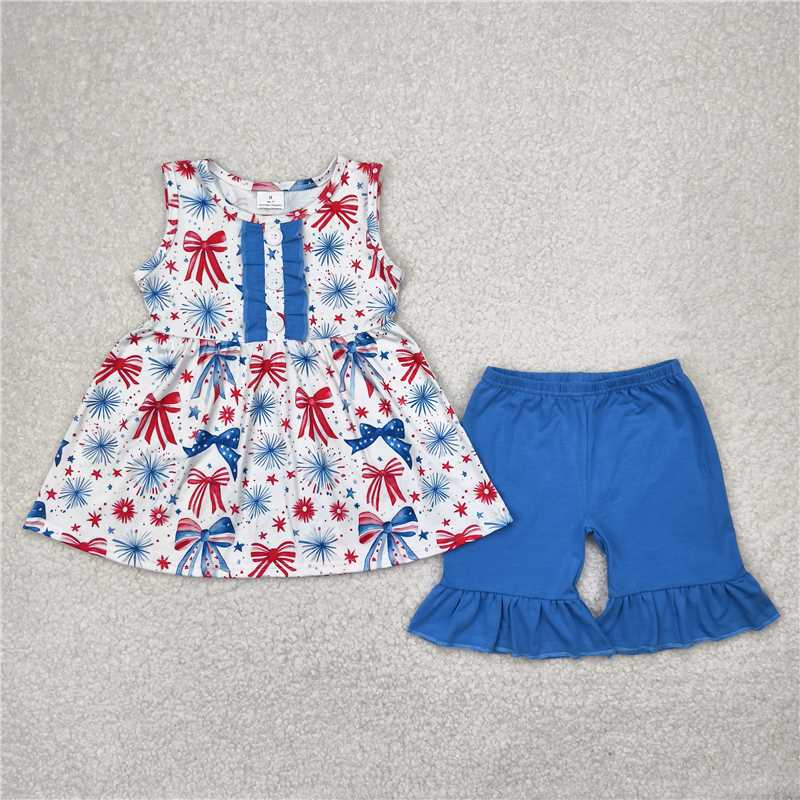 1.6 RTS NO MOQ (In stock)GSSO2346 4th of July Baby Girls Blue Red Bows Fireworks Tunic Ruffle Shorts 4th Of July Sets