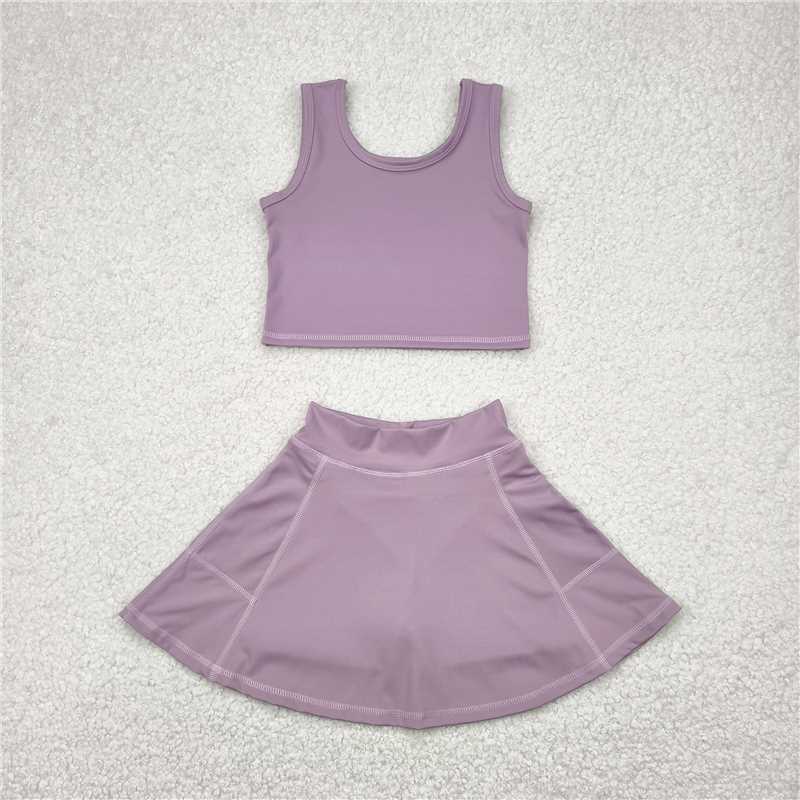 12.18 RTS NO MOQ (In stock)Matching GSD1980 Baby Girls Grey Purple Yoga Vest Top Sports Skorts Clothes Sets