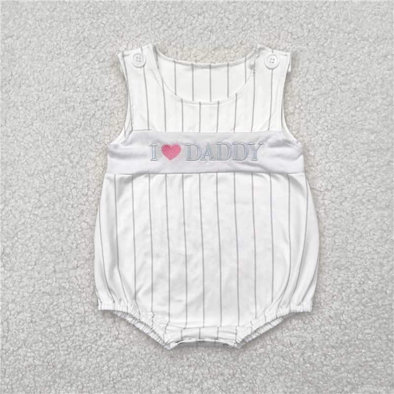 11.5 RTS NO MOQ (In stock)Matching SR2947 Embroidery Baby Infant Boys Sleeveless I LOVE DADDY Stripe Rompers