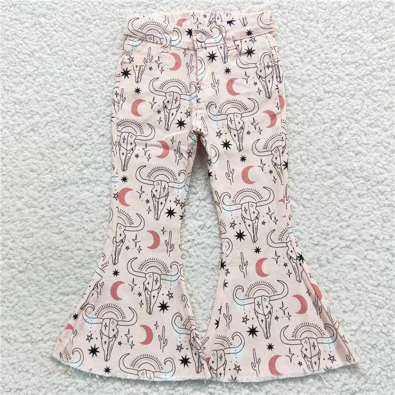 P0226 Baby Girls Western Pink Cow Denim Bell Pants