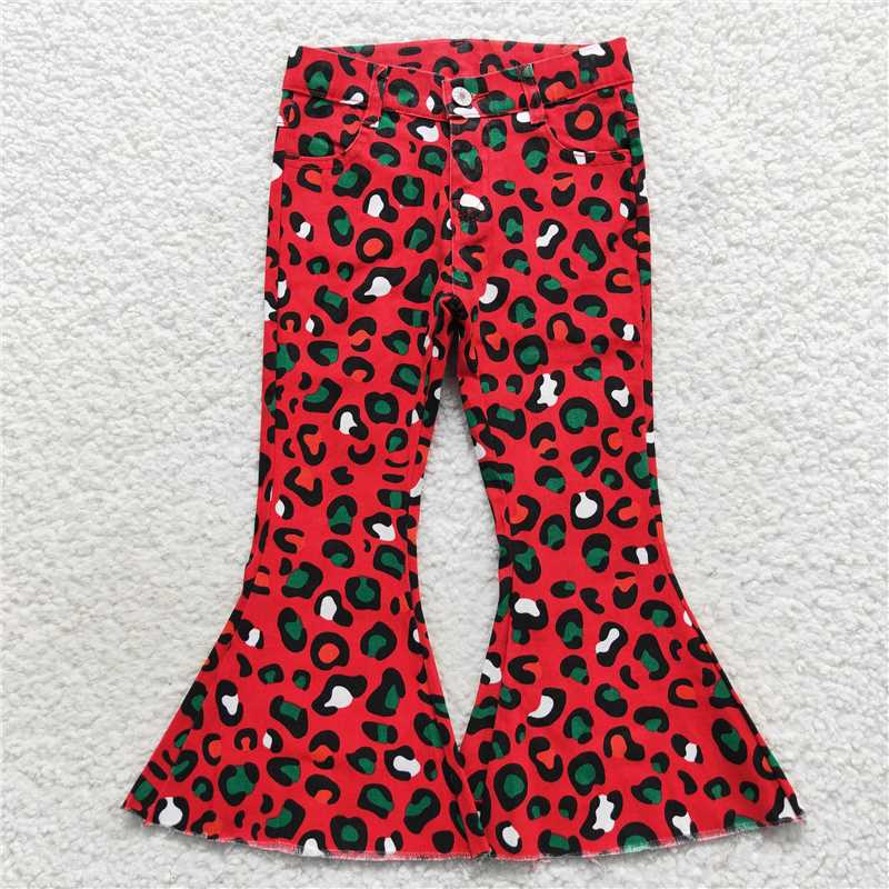 P0229 Baby Girls Christmas Green Red Denim Bell Pants
