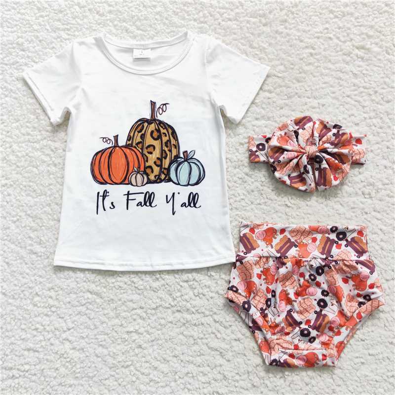 GBO0182 Baby Girls Fall Pumpkin Tee Shirt Thanksgiving Bummie Sets